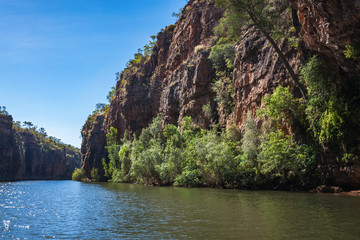 Fototapeta na wymiar Gorgeous Sandstone Cliffs at Katherine River Gorge Cruise, one of the best attractions in Nitmiluk National Park, Northern Territory, Australia.