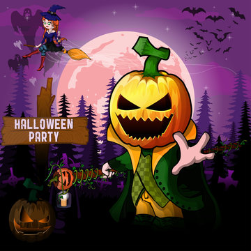 Halloween Party Design template with Pumpkin Cartoon Characters