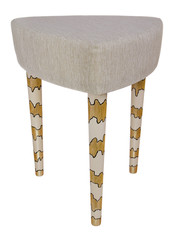 Handmade stool wooden white and yellow patterns. Triangular seat with white yellow material.