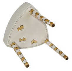 Handmade stool wooden white and yellow patterns. Triangular seat with white yellow material.