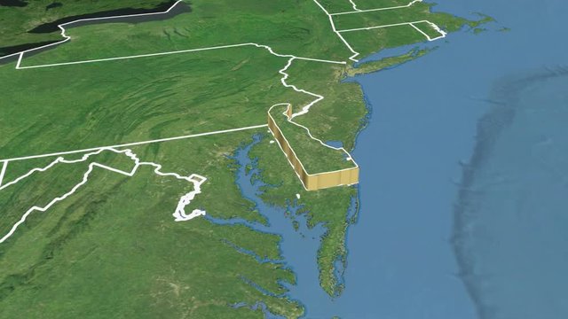 Delaware state (USA) extruded on the satellite map of North America