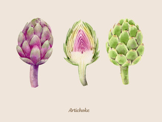 Handpainted watercolor poster with artichokes