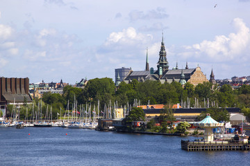 Scenic summer panorama of the Old Town (Gamla Stan) pier architecture in Stockholm, Sweden