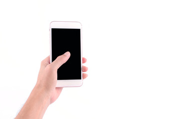 man hands holding a white Smartphone touch screen with isolated on white background
