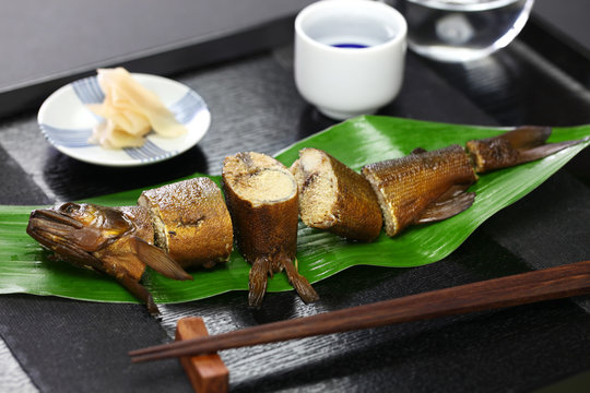 komochi ayu no kanroni, sweetfish with roe simmered in soy sauce and sugar, japanese appetizer for sake
