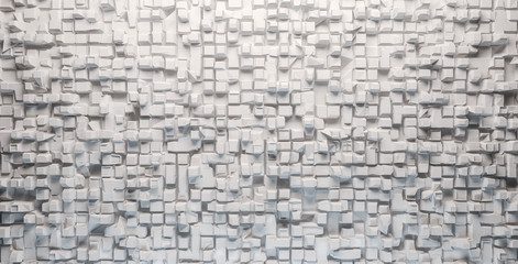 White mosaic, squares and triangles at different depths. 3d Rendering.