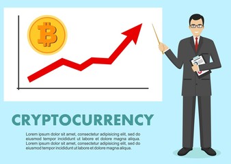 Cryptocurrency concept. Businessman and graph with trend line rising up and coin with a sign of bitcoin in flat style isolated. Digital currency electronic money, exchange, mobile banking. Vector.