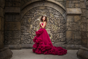 A beautiful woman, a queen in a red luxurious dress, stands on the background of a medieval, Gothic...