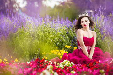 A beautiful woman, a princess in a red dress, sits by in a blooming garden. Medieval fantasy, American