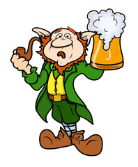 Scared Cartoon Leprechaun Standing with Beer