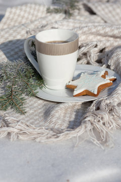Cozy winter relax: a cup of hot coffee, a blanket and gingerbread overlooking the snowy countryside.