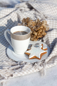 Cozy winter relax: a cup of hot coffee, a blanket and gingerbread overlooking the snowy countryside.