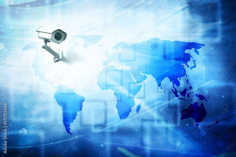 Poster world map and security camera on textured illustration background. conceptual global network backgro