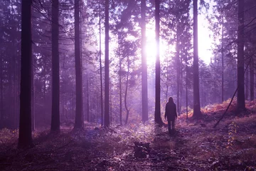 Foto op Plexiglas Woman standing in magical purple colored foggy deep forest with sunlight. © robsonphoto