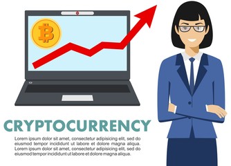 Cryptocurrency concept. Businesswoman with computer. Up graph with bitcoin sign in flat icon design in laptop. Digital currency electronic money, exchange, mobile banking. Vector illustration.