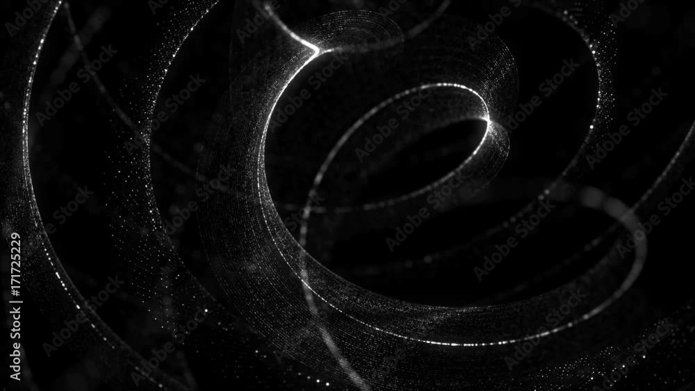 Poster 3d rendering spiral particle background. twist shape made of small random particle dots. high detail