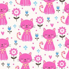 Vector seamless illustration with pink cats. A pet with flowers in a childrens style.