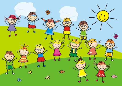 Happy kids on meadow, vector illustration