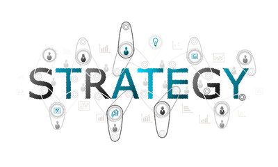 Strategy concept illustration with complex gear and people silhouettes with cogs