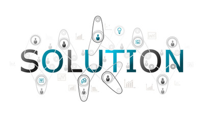 Solution concept illustration with complex gear and people silhouettes with cogs