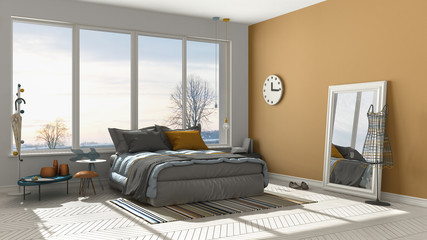 Colored modern white and orange bedroom with big panoramic window, sunset, sunrise, architecture minimalist interior design