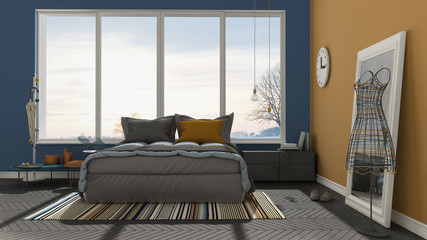Colored modern blue and orange bedroom with big panoramic window, sunset, sunrise, architecture minimalist interior design