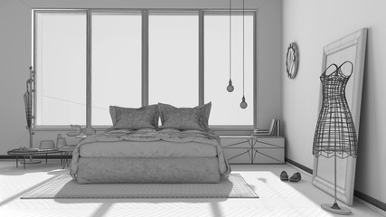 Unfinished project of modern bedroom with big panoramic window, architecture minimalist interior design