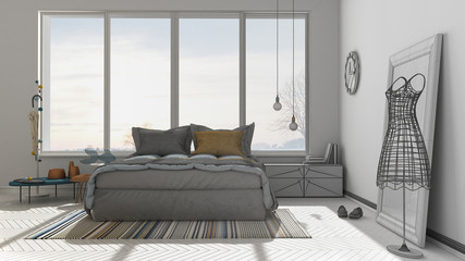 Unfinished project of modern bedroom with big panoramic window, architecture minimalist interior design