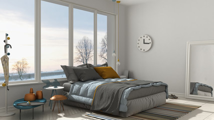 Colored modern white bedroom with big panoramic window, sunset, sunrise, architecture minimalist interior design