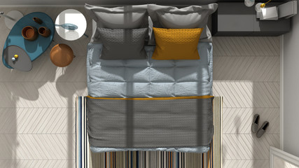 Obraz na płótnie Canvas Colored modern bedroom top view, herringbone parquet floor, architecture minimalist interior design