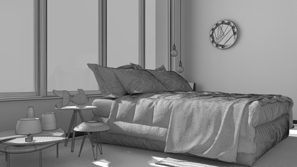 Unfinished project of modern bedroom with big panoramic window, architecture minimalist interior design