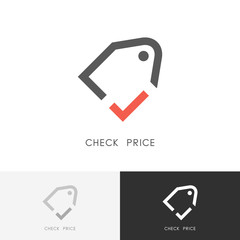 Check price logo - label or tag with red checkmark or tick symbol. Sale, discount and shopping vector icon.