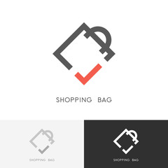 Shopping bag logo - package or packet with red check mark or tick symbol. Pack, store and shop vector icon.