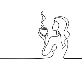 Continuous line drawing. Woman relaxing with cup of tea. Vector illustration.