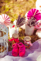 Little shoes for newborn girl and other pink accessories on the lawn in the garden