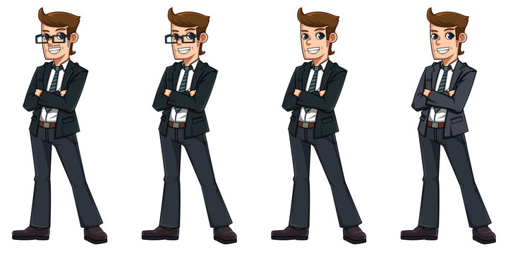 Happy Business Man: Older,Younger,No Glasses,Gray isolated on White Background. Video Game's Digital CG Artwork, Concept Illustration, Realistic Cartoon Style Background and Character Design