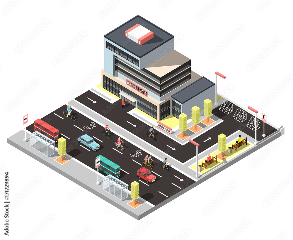 Poster Isometric City Constructor With Bicycle Traffic 