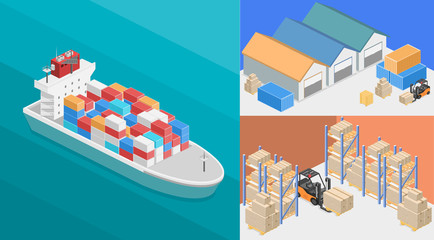 isometric interior of warehouse. The boxes are on the shelves.