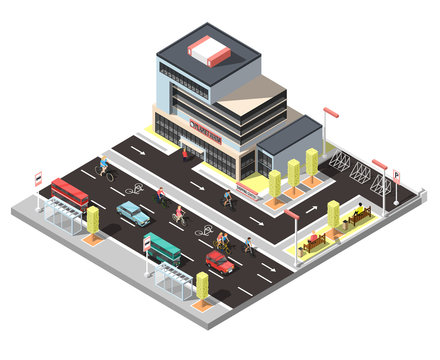 Isometric City Constructor With Bicycle Traffic 