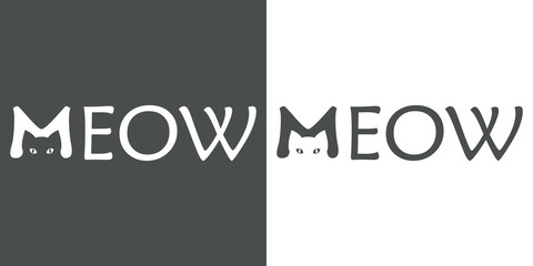 Logotipo MEOW con cabeza gato en M en gris y blanco