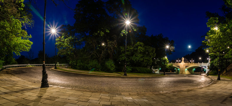 Historic viaduct on the Karowa street at night in Warsaw, Poland