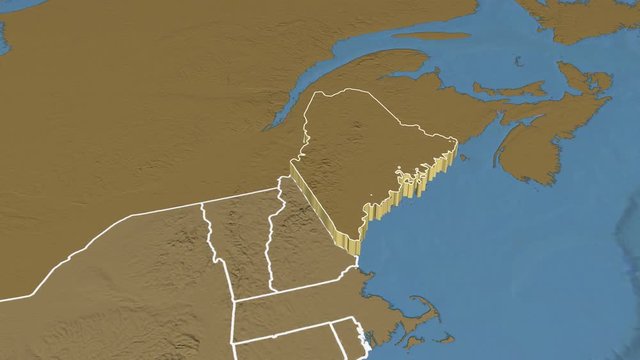 Maine state (USA) extruded on the elevation map of North America