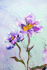 Hand painted modern style Purple peonies flowers. Spring flower seasonal nature background. Oil painting floral texture