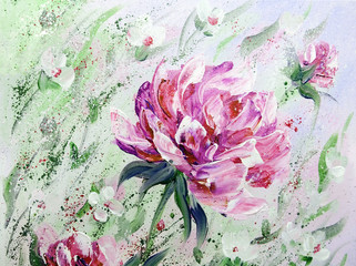 Hand painted modern style Pink peonies flowers. Spring flower seasonal nature background. Oil painting floral texture