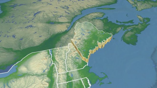 Maine state (USA) extruded on the physical map of North America