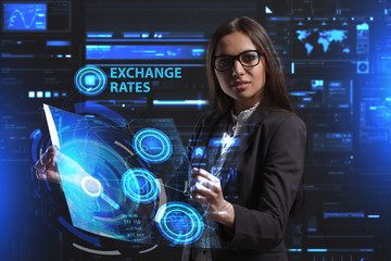 The concept of business, technology, the Internet and the network. A young entrepreneur working on a virtual screen of the future and sees the inscription: Exchange rates
