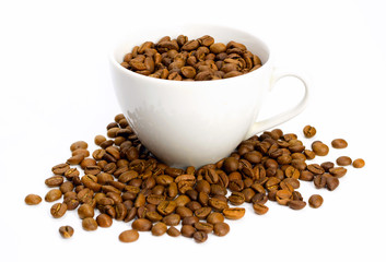 White cup full of coffee beans on white background. Selective focus, isolated