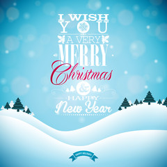 Merry Christmas illustration with typography and ornament decoration on winter landscape background. Vector Christmas holidays flyer or poster design.