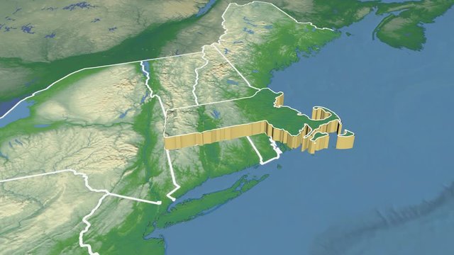 Massachusetts state (USA) extruded on the physical map of North America