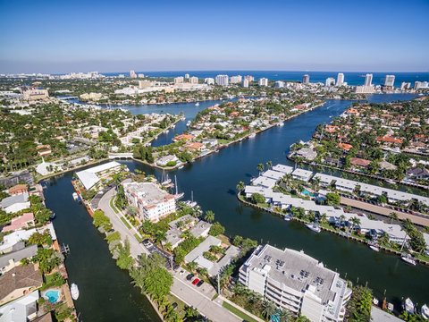 Aerial view of Fort Lauderdale Las Olas Isles, Florida, USA